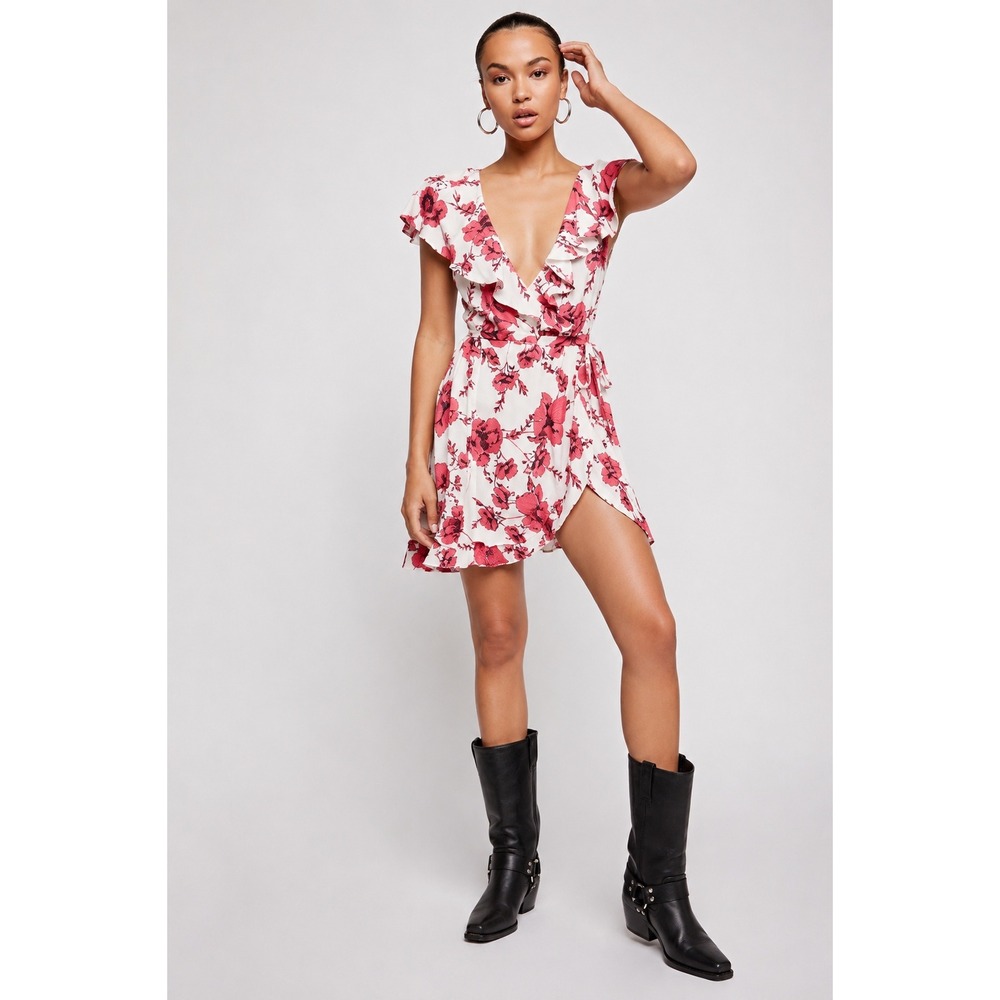 Free People Floral Wrap Mini Dress Women Size S Red White Flutter Sleeve Boho